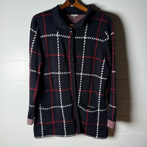 Talbots Button Down Cardigan with 2 Front Pockets Black White Red Size XL - Picture 6 of 7